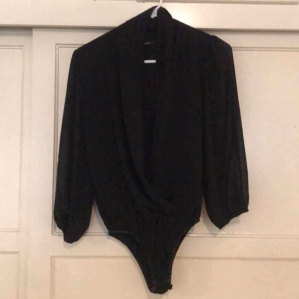 Black Draped V-Neck Long Sleeve Bodysuit - Women
